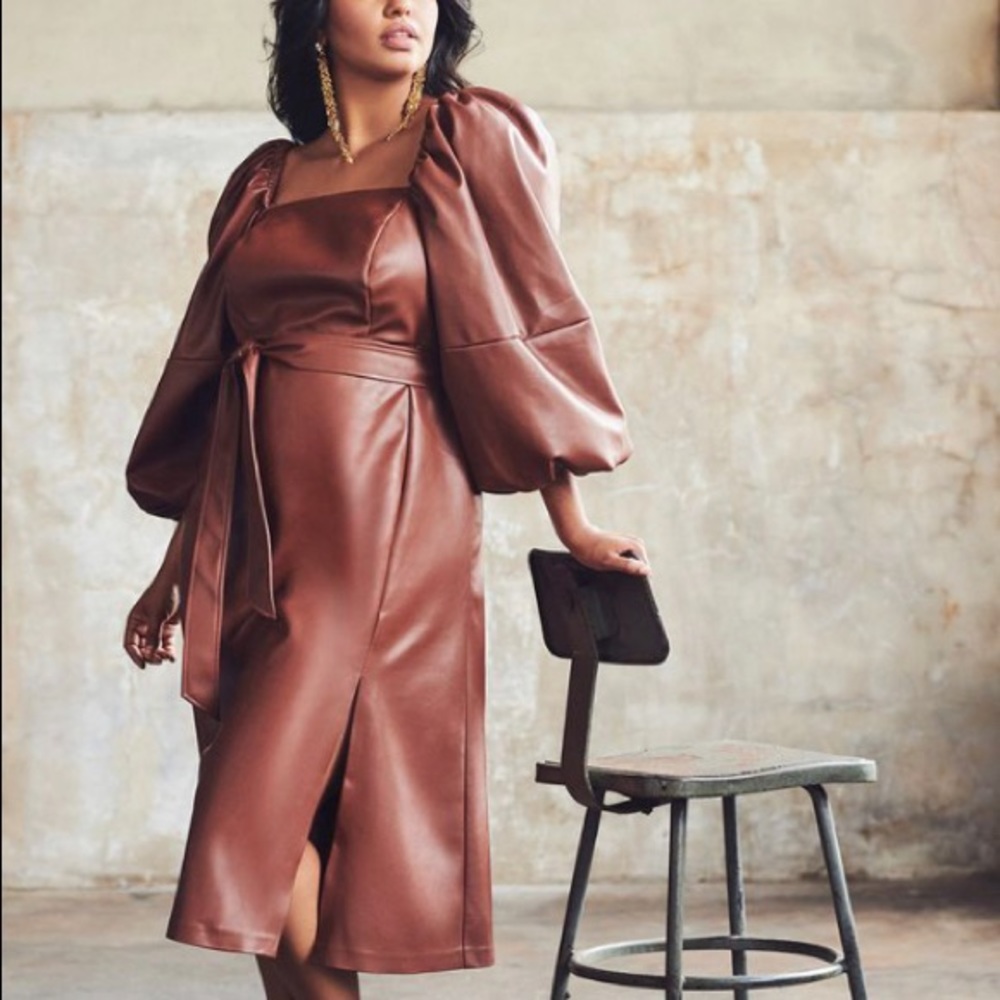 Puff Sleeve Faux Leather Dress - Picture 1 of 1